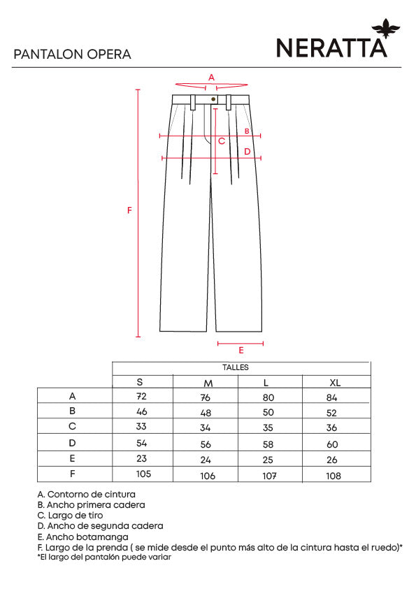 Pantalon Opera Diplomatic Cream Neratta - Guía de tallas