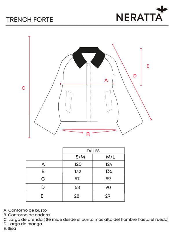 Trench Forte Sand & Black NERATTA - Guía de tallas